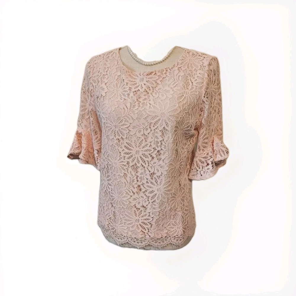 Nanette Lepore Lace Top‎ Women Small Pink Bell Sleeve Floral Keyhole Back Blouse